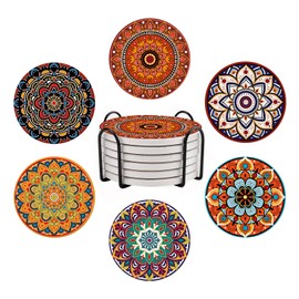 Drink Coasters Set of 6, Boho Mandala Ceramic Stone Coasters, with Cork Base and Metal Holder, Absorbent Round Non-Slip Drink Mug Cup Coaster Housewarming Gift Room Bar Decor