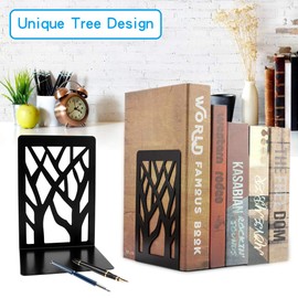 I-WILL Book Ends for Shelves Heavy Duty Metal Desk Bookends Decorative Tree Unique Design Book Stopper Supports Non Skid Bookshelf Holder Stand for Kids Children Adults in Office and School - Black