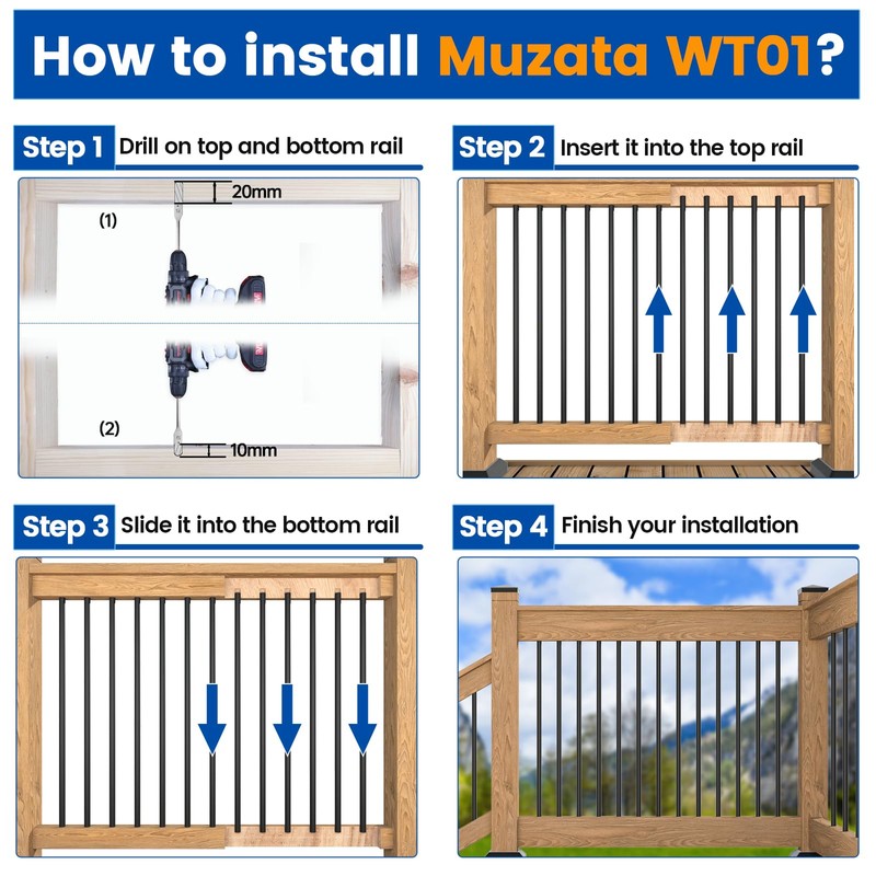 Muzata 50Pack 36" Aluminum Deck Balusters Round Black Deck Railing