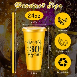 Uiifan 12 Pcs 30th 40th 50th 60th Birthday Cups Cheers to 40 50 60 70 Years Black Gold Plastic Tumbler with Lid and Straw 24oz for Birthday Decorations Party Favors Men Women Supplies(30th)
