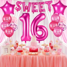 Pink Sweet 16 Birthday Decorations for Girls Hot Pink Sweet 16 Birthday Latex Balloons 40 Inch Number 16 Foil Balloons for Girls Women Hot Pink Sweet Sixteen Birthday Anniversary Party Supplies