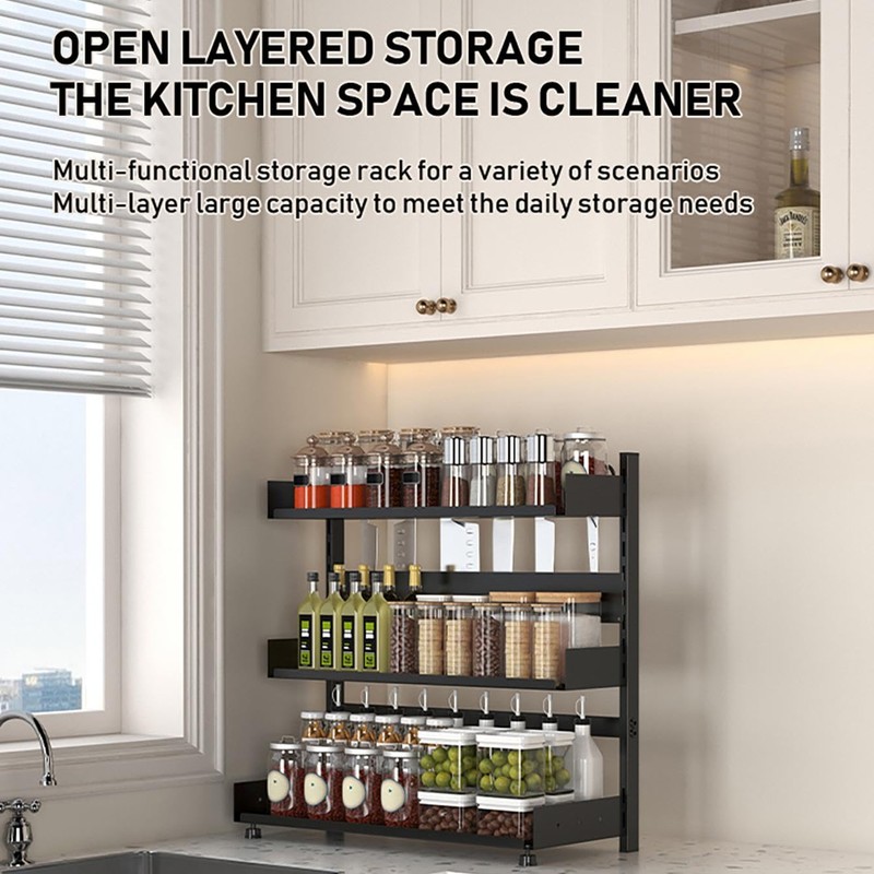 3-Tier Spice Rack Organizer with Knife Holder, Black Metal Counter