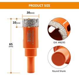 Diamond Dry Drill Tile Drill - BGTEC 20 mm Diamond Drill Bit for Granite, Marble, Masonry, Concrete, Tiles/Ceramic, Hard Plastic, Vacuum Brazed Diamond Core Drill