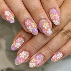 Press on Nails Short Oval Fake Nails with Colorful Flower Designs Spring Nails Press ons Light Pink Acrylic Nails Glossy Glue on Nails Summer False Nails Artificial Stick on Nails for Women 24Pcs