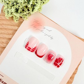 BQZQPAMZ 24Pcs Red Flower Short Shaped False Nails Floral French Tip Press on Nails Full Coverage Stick on Nails Acrylic Nail Art Supplies for Women Nail Art Decoration