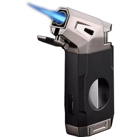 Butane Torch Lighter, Windproof Jet Flame Lighter with V-Cutter, Flame Adjustable Refillable Turbine Torcher Lighters with Fuel Window, for Candle, Fireworks, Kitchen, Outdoor, Hiking etc (Black)