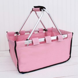 Threadart Large Collapsible Market Basket - Pink | Aluminum Frame | Polyester Fabric | Convenient Fold Flat Design |Reusable Space-Saving Shopping Tote, Gift Basket, Beach Basket, Picnic Basket