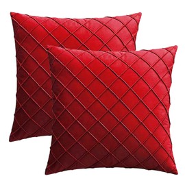 Set of 2 Luxton Pleated Velvet Cushion Covers Red Home Decor Checked Pattern Cushion Covers for Lounge Sofa Couch Bedding Decoration (43x43cm, Red)