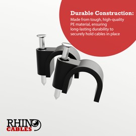 rhinocables Round Cable Clips 100 Pack Cable Management Clamps Wall Tidy Clips 4mm, 5mm, 6mm, 7mm, 8mm Wire for Ethernet, Telephone, TV and other cables (Black, 8mm)
