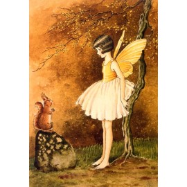 Repro Postcard - Cute Fairy in Fall Forest Talks with Squirrel, Autumn
