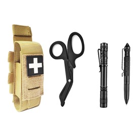 Laser Cut Tactical Molle Tourniquet Pouch TQ Holder Tourniquets Holster IFAK TQ Tourniquet Case Trauma Medical Shear Pouch Pen and Penlight Holder (TAN Set 1)