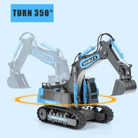 DOUBLE E Remote Control Excavator Toy RC Excavators Rechargeable Battery Digger Hydraulic Construction Toys Vehicles Xmas Gift for Boys Girls Kids 3-14 Years，Gray-Blue