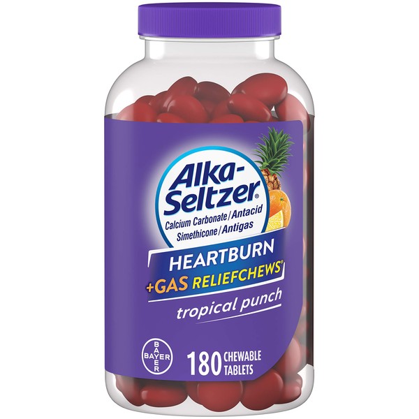 Alka-Seltzer Heartburn+Gas ReliefChews, Fast Antacid + Antigas Relief from Heartburn, Bloating, and Pressure, Fast Acting, Tropical Flavored Heartburn Medicine, 180 Ct (Package May Vary)