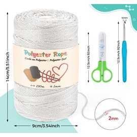 Macrame 2 mm 250 Metres Polyester Cord, 100% Polypropylene Macrame Cord, 4 mm Crochet Bag Cord Macrame Rope Crochet Yarn Gift for Knitwear - White