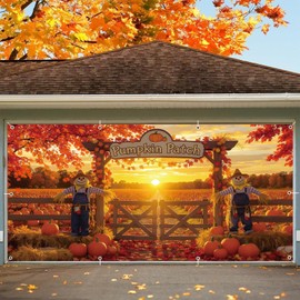 Fall Thanksgiving Garage Door Cover 7x16ft Pumpkin Patch Autumn Farm Harvest Double Garage Door Banner Scarecrow Friendsgiving Party Backdrop Decorations Background Wall Decor Outdoor Supplies