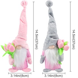 Spring Gnome with Tulips Bouquets, Spring Decoration, Handmade Filled Faceless Doll Gnome Decorations, for Girlfriend, Mum, Wedding Anniversary, Mother's Day, Pack of 2
