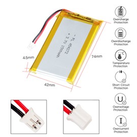 YTKavq 454272 - Batería de ion de litio (3,7 V, 1500 mAh, ion de litio, ion de litio, 2 pH, conector de paso de 2,0 mm)