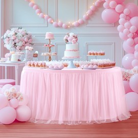 Pink Round Tulle Tablecloth 72 Inch Tulle Round Table Skirt for Girls Party Wrinkle Free Ruffle Tutu Table Skirt Spandex Stretch Fitted Round Table Cover for Wedding Birthday Baby Shower Banquet Event
