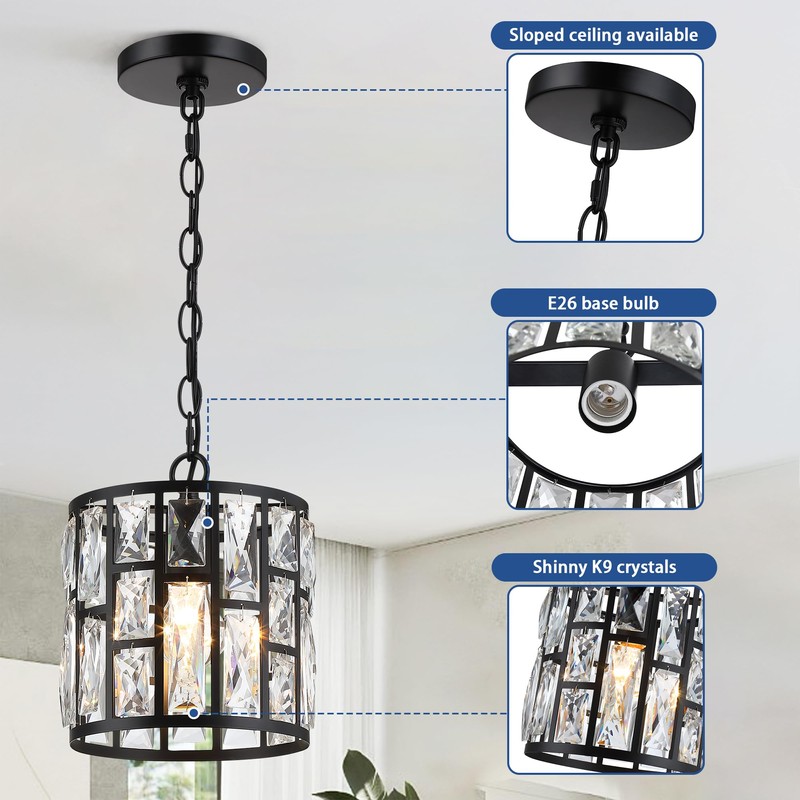 MEXO Modern Crystal Pendant Light,Black Chandelier Light Fixture, Cylinder Adjustable
