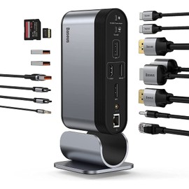 Baseus Docking Station, 16-in-1 USB C Hub to Display on 4 Monitors, 2 HDMI, 2 DP, 2 USB-C Ports, 3 USB3.0 Ports, 1000Mbps LAN Port, MicroSD/TF Card Reader, Compatible with Windows and MacOS Laptops
