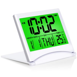 Betus Digital Travel Alarm Clock with Backlight - Foldable Calendar Temperature Timer LCD Clock with Snooze Mode - Large Number Display, Battery Operated - Compact Desk Clock