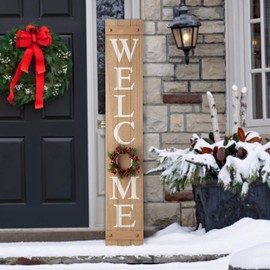 Glitzhome Wooden Welcome Sign for Front Door Rustic Farmhouse Wall Hanging Porch with 4 Changeable Floral Wreathes, 60"H, WELCOME
