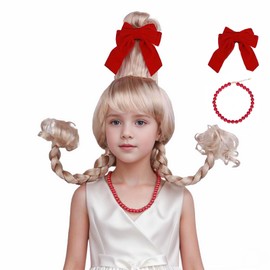 Edivd Child Blonde Wig Girls Short Ash Blonde Two Braided Pigtail Wig with Air Bangs Light Blonde Wig with Red Bow and Red Necklace for Kids Heat Resistant Synthetic Wig with Wig Cap