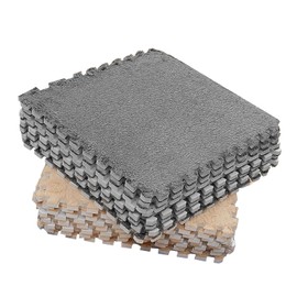 Interlocking Plush Foam Rug, 10 Pieces Cuttable Plush Puzzle Foam Floor Mat for Home Use (Grey Camel)