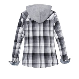 Womens Fleece Hooded Flannel Shirts Plaid Button Down Flannel Shirt Hoodie Jacket with Pockets (Black and White, M)