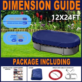 12x24 ft Pool Cover Oval Above Ground,Winter Pools Safety Cover Oval/Rectangle,Heavy Duty&Extra Thick 195G PE Tarps,Cold-Resistant Anti-UV,Extreme Weather Protection,Winch and Cable Closing Kit,Navy