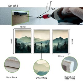 3 Piece Sage Green Mountain Wall Art 24x16 Inch Nature Landscape Forest Modren Wood Framed Sign Office Minimal Watercolor Pine Tree Pictures For Living Room Bedroom Wall Hang Decor (White)