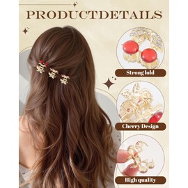 6PCS Rhinestones Cherry Small Hair Clips-Mini Claw Clips for Women, Metal Springs, Cute Hair Accessories for Updo and Half Up Styles (Crystal Cherry)