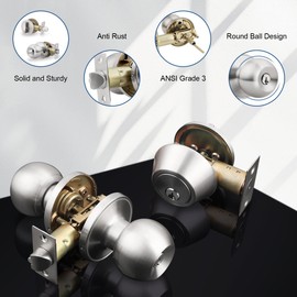 Knobonly Keyed Alike Exterior Door Knob, Round Outdoor Lock with One Sided Deadbolt, Stainless Steel, Satin Nickel Door Knobs, Silver Door Handle Sets, 4 Pack