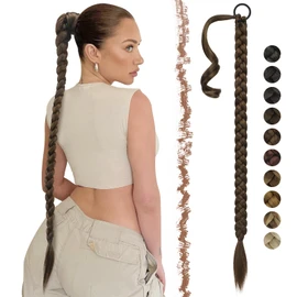 FESHFEN Braid Extensions Ponytail Extension with Scrunchie, Long Ponytail Braided Synthetic Hair, Brown Mixed Light Brown Hair Extension Braid Hairpiece for Women, 65 cm