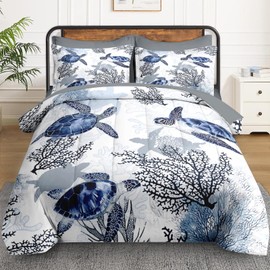 WeCozy 5 Pcs Twin Size Comforter Set with Pillowcase & Sham, Ocean Sea Coral Bedding for Kids and Adults, Blue Animal Turtle Bed in a Bag with Flat Fitted Sheet