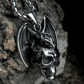 bahamut Mens Skull Dragon Pendant Necklace for Men Boys Silver Cool Punk Goth Accessory Jewelry with Stainless Steel Chain (Silver Skull Dragon)