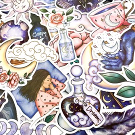 Yoksas Magic Moon Stars Astrology Stickers - 50Pcs Waterproof Vinyl Midnight Fantasy Aesthetic Celestial Witch Stickers for Water Bottles,Laptops,Scrapbooks,Planner,Journaling