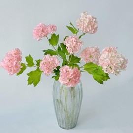 RUZUQE YalzoneMet Artificial Snowball Viburnum Flower Pink 4 Pcs 26.8'' Small Hydrangea 2 Heads Long Stem Real Touch Faux Latex Flowers for Tall Vase Home Christmas Decoration Outdoor Wedding Decor