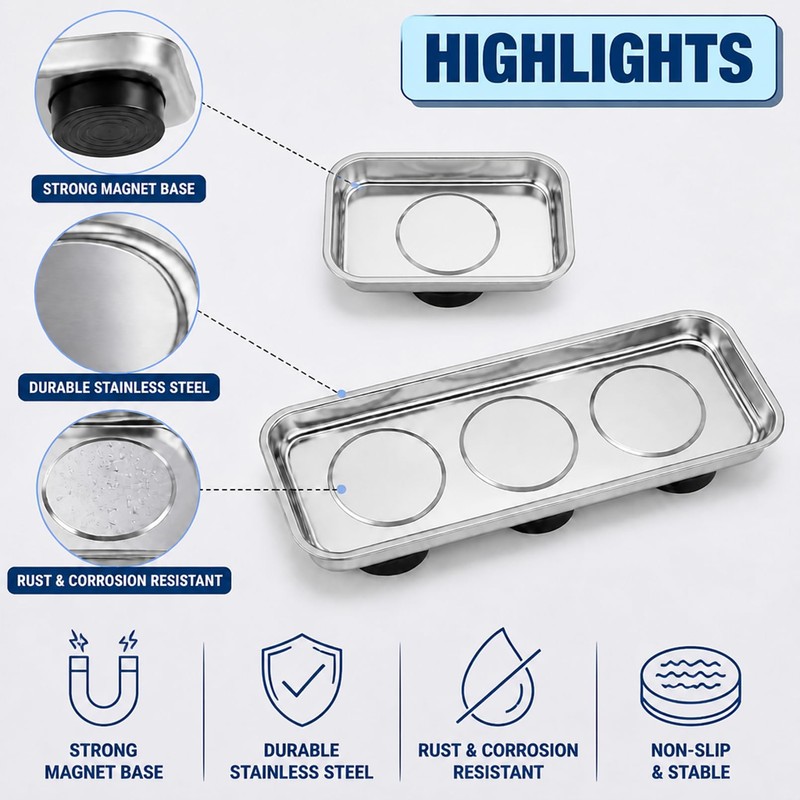 IJRPLM 3 Pcs Magnetic Trays, Stainless Steel Rectangle Tool Tray,