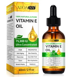 ATOANY Vitamin E Oil 75,000 IU 2 Fl Oz - 100% Organic Pure Vitamin E Oil for Skin, Face, Hair, Body - Natural Antioxidant for Dryness, Wrinkles, Scars & Stretch Marks, Moisturizing and Firming Skin