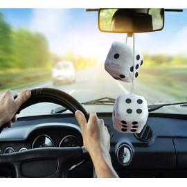 Zento Deals Pair of Hanging White with Black Dots Fuzzy Dices Nostalgic Retro