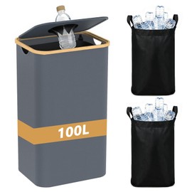 Hordolry Recycling Bin for Kitchen 26 Gallon, 100L Large Recycle Bins with Bamboo Lid, 2 Removeable Reusable Inner Bags, Foldable Kitchen Trash Can for Recycling Bottle Plastics, Grey