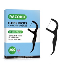RAZOKO Biodegradable Dental Floss Picks, Charcoal Toothpick Stick Soft On Gum & Teeth, Plant Based Dental Floss Picks for Adults & Kids, 200 Count Mint