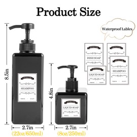 Amorettise 12 Pack Shampoo and Conditioner Dispenser Bottles, 8 Pack 22 Oz and 4 Pack 8 Oz Refillable Square Plastic Pump Bottles for Dispensing Lotions, Shampoo, Conditioner, Body Wash (Black)