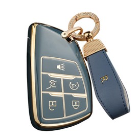 SANRILY Golden-edge Key Fob Cover for Buick Envision 2021 2022 for Chevy Suburban Tahoe Silverado 1500 LT GMC Yukon Keyless Full Protection Key Case Shell with Bling Keychain Gray-blue