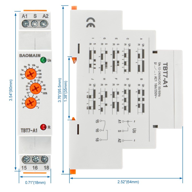 Baomain Multi-Function Time Relay, 16A SPDT 10-Functions, DIN Rail Mounting