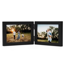 Janreefan Double Horizontal 4X6 Picture Frames Hinged Folding Photo Frames in Black for Wall Hanging or Tabletop Standing, Made of Pine Wood with Real Glass P-H64*2-HEI