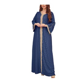 FPOVFPO - Vestido musulmán de Abaya de una pieza con cuello en V, vestido de bronce, islámico de longitud completa, vestido informal para uso diario, Azul oscuro, M