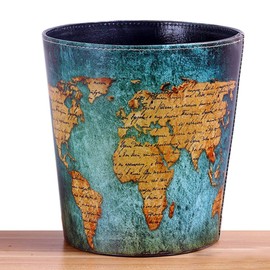 Dreamseden Vintage Leather Trash Can - Retro Waste Toillet Paper Bin Basket for Bathroom Bedroom Office (Blue World map)