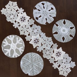 Grelucgo Machine Embroidered and Hand Cut Silver Grey and White Snowflakes Table Runner for Christmas Holiday (13.5 x 108 inches)
